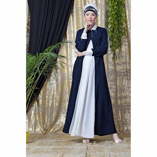 Collared Casual abaya - Navy Blue-White